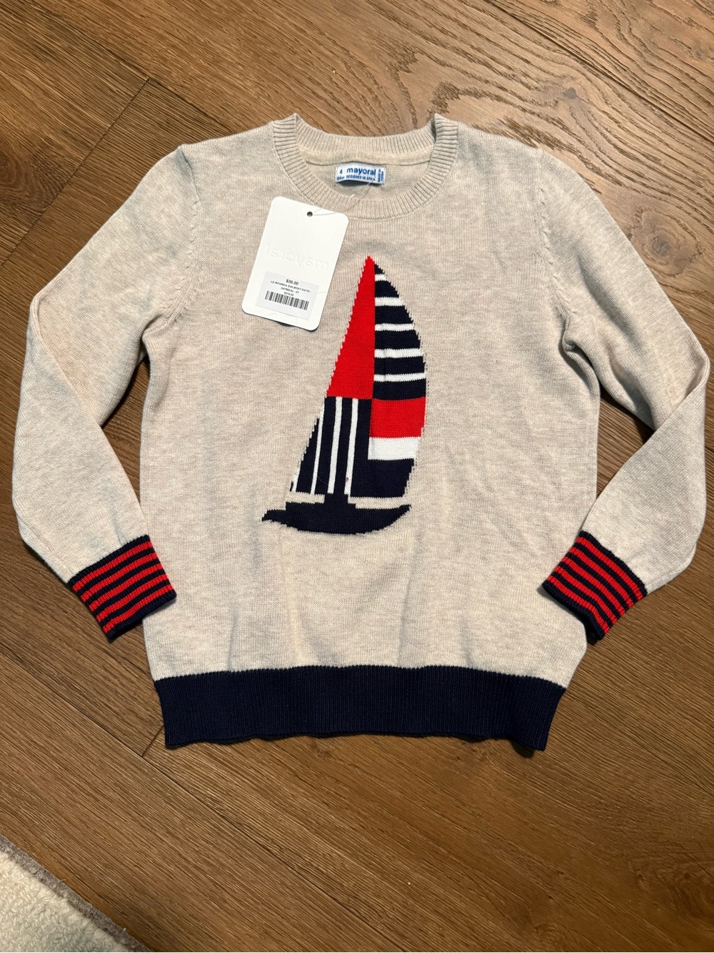 Adorable Mayoral Cream Sweater with Red and Navy Sailboat